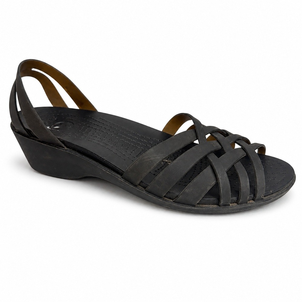 Crocs 9 Huarache Wedge Sandals Black Strappy Slingback Casual Summer Comfort